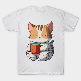 Sleepy Cat Holding a Mug - Coffee Cat T-Shirt